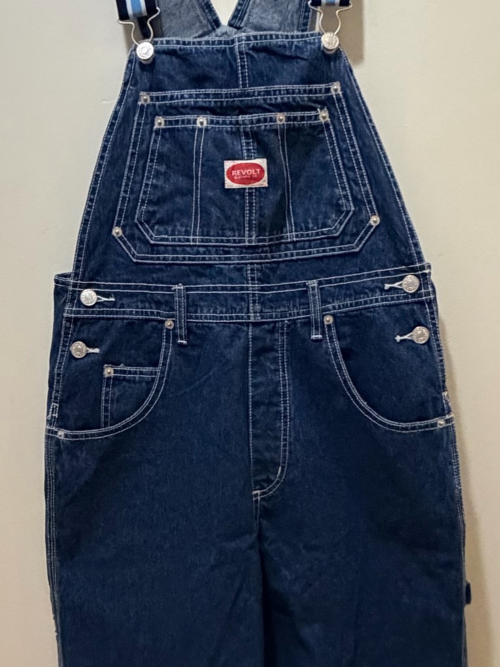 Revolt Clothing Co vintage Denim Jean Overalls Medium 90s Y2K Striped Straps - Picture 5 of 10